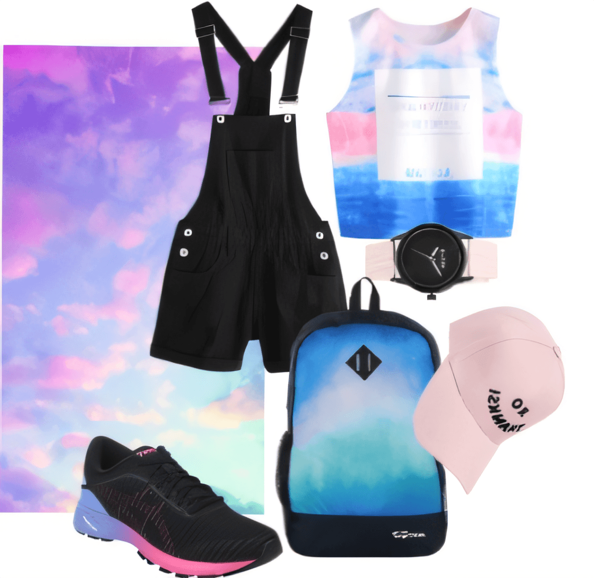 Streetstyle-Outfit mit schwarzem Overall, Batik-Tanktop, schwarzen Sneakers, Ombre-Rucksack und rosafarbener Kappe mit galaxieninspiriertem Farbschema