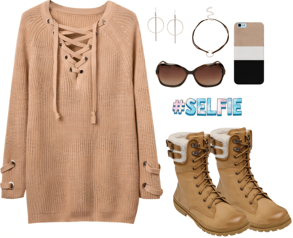 Atuendo informal con suéter beige con cordones, botas militares, lentes de sol, aros, gargantilla y accesorios de funda para teléfono.