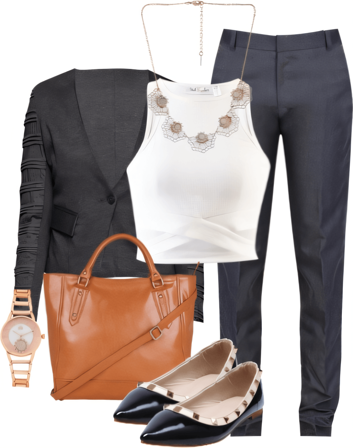 Professional outfit with charcoal blazer, white tank top, navy pants, brown leather bag, and studded flats