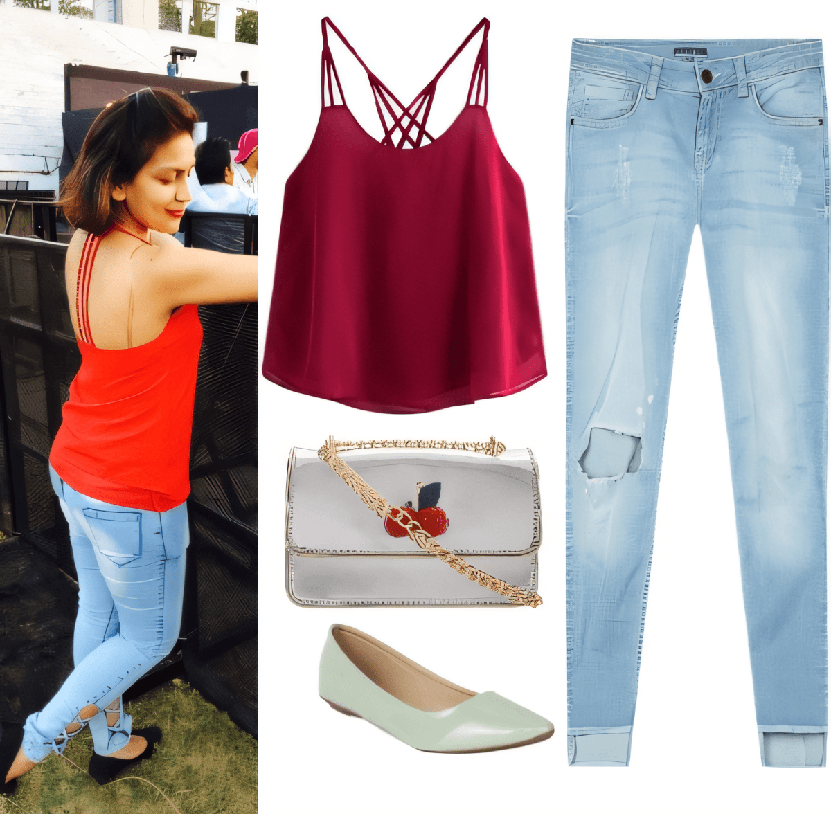 Casual Chic: Burgundy Strappy Top & Light Denim Dream by Miloni Jhaveri