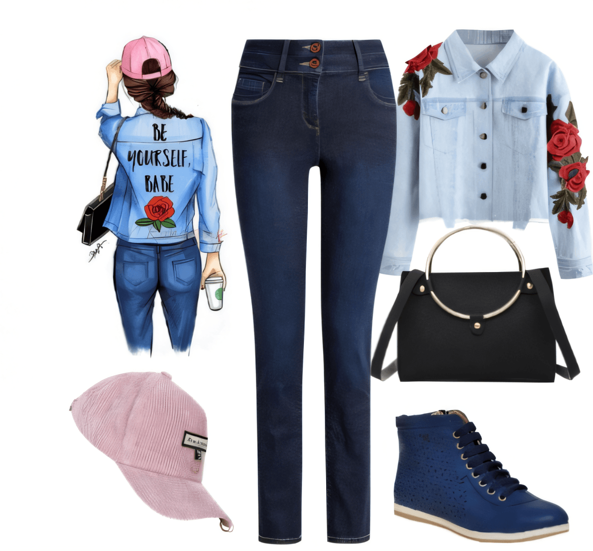Casual chic outfit with floral denim jacket, dark jeans, navy boots, pink cap, and black handbag
