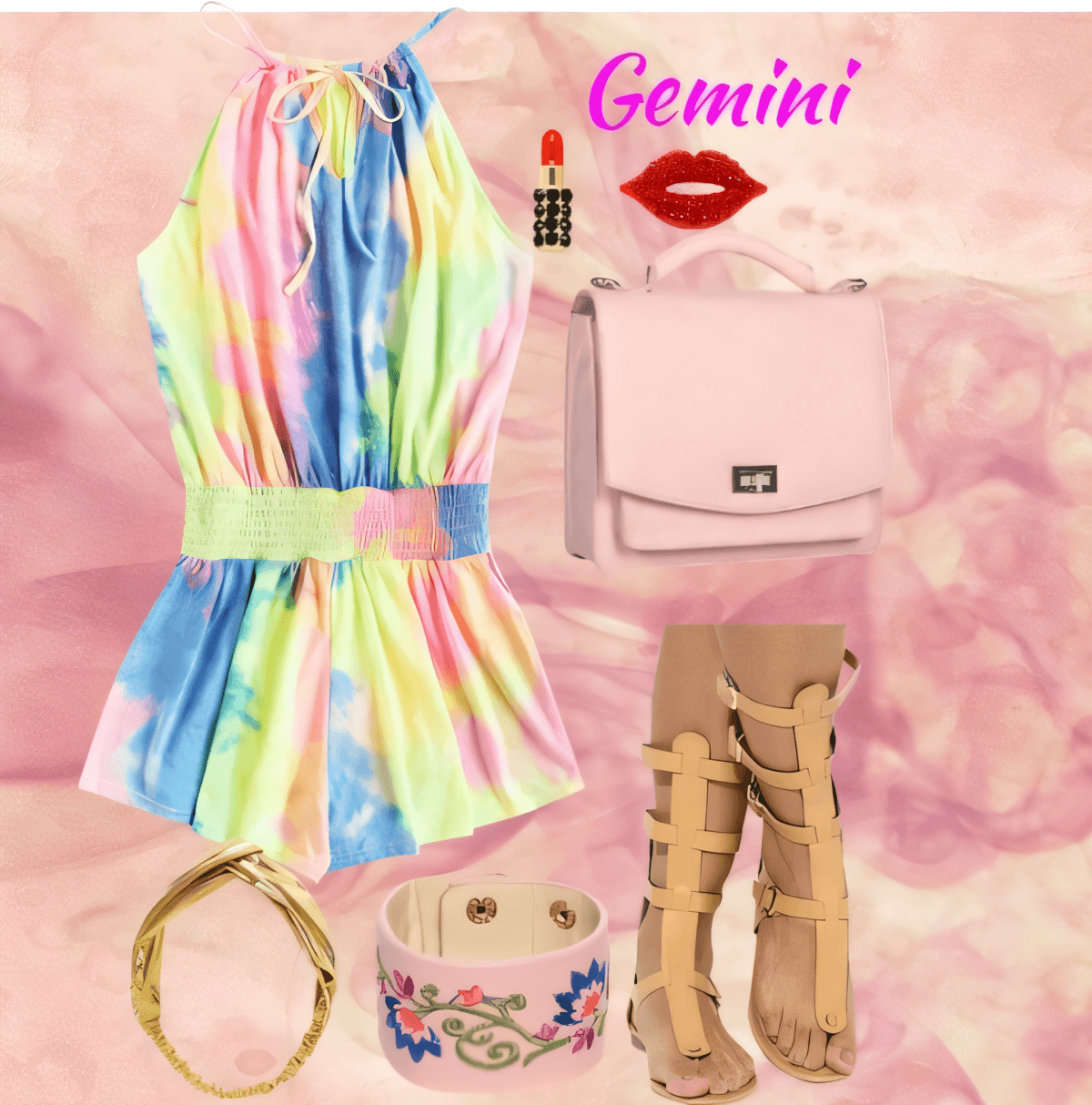 Casual summer outfit featuring tie-dye rainbow romper, gladiator sandals, pink handbag, and boho accessories