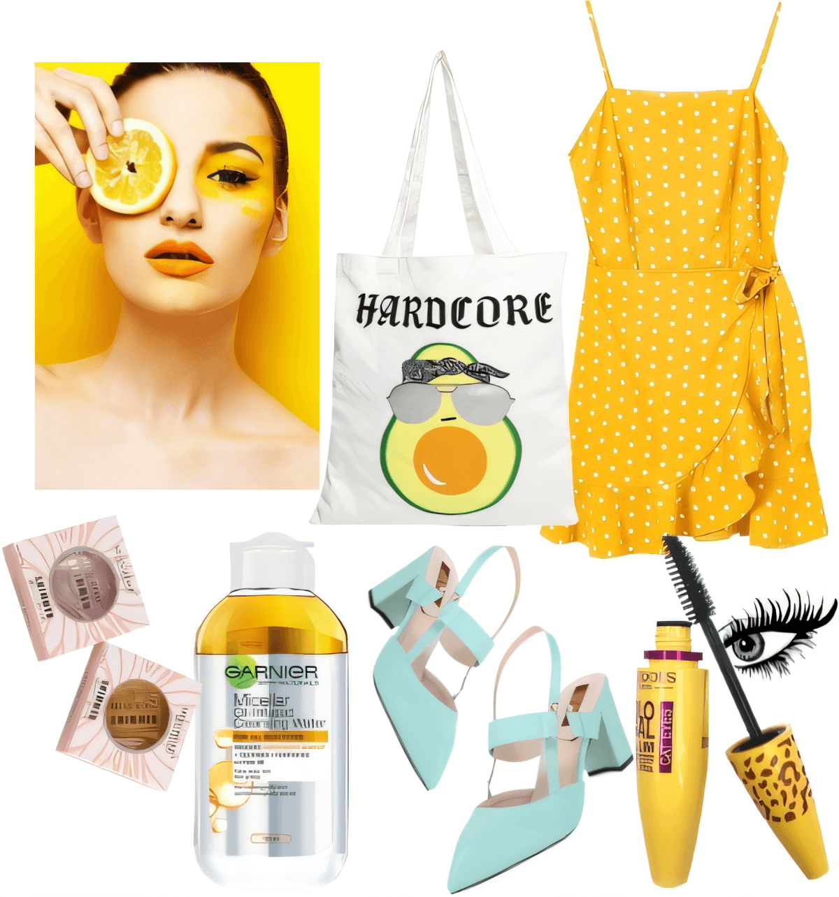 Yellow polka dot wrap dress outfit with mint heels, makeup essentials, and avocado tote bag