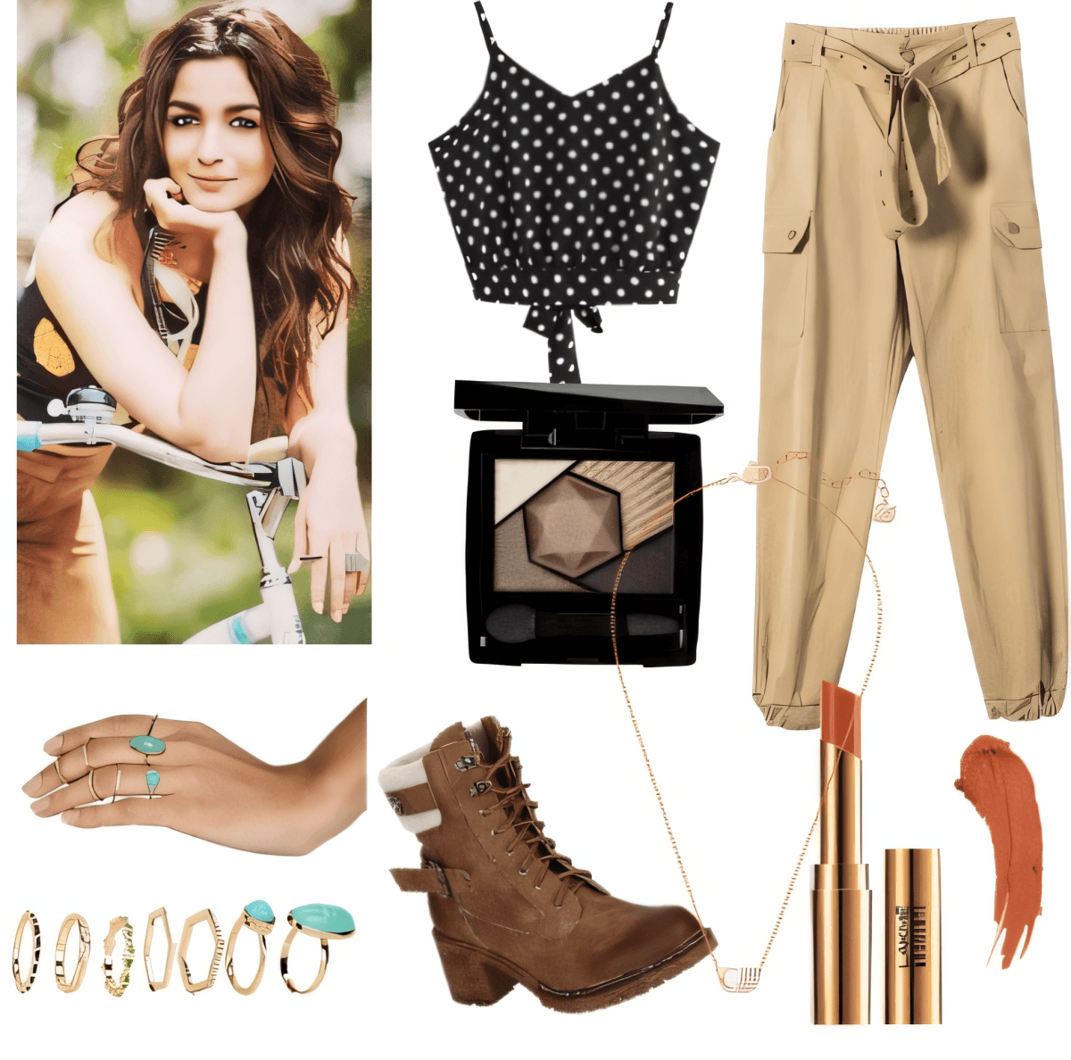 Lässig-schickes Outfit mit gepunktetem bauchfreiem Top, khakifarbenen Cargohosen, braunen Kampfstiefeln, türkisfarbenen Ringen und neutralen Make-up-Essentials