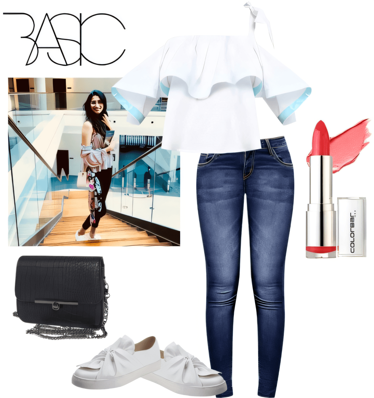 Casual outfit featuring white ruffled top, skinny jeans, white sneakers, black crossbody bag, and red lipstick