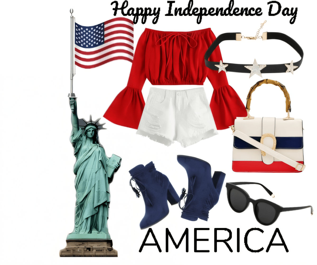 Atuendo para el 4 de julio que incluye una blusa roja con hombros descubiertos, pantalones cortos blancos, botas azul marino, bolso patriótico y accesorios.
