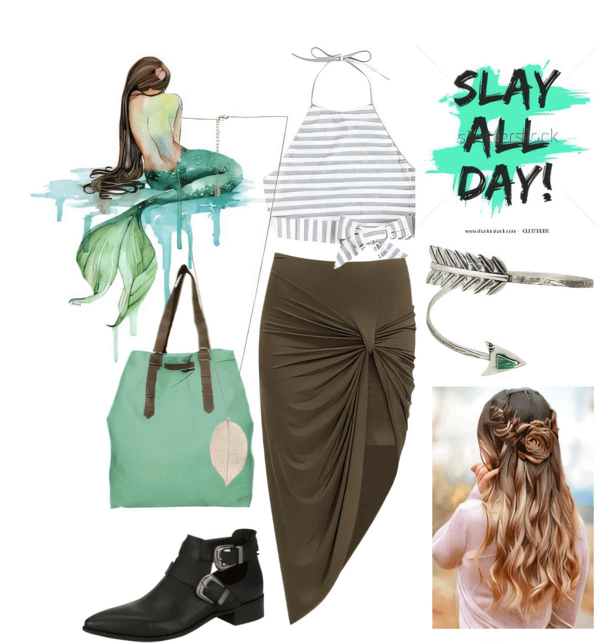 Conjunto bohemio de verano con bolso de mano verde menta, top halter de rayas, falda drapeada verde oliva, botines negros y tocado de flecha plateada con peinado ondulado suelto.