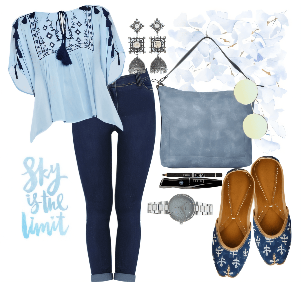 Casual bohemian outfit featuring light blue embroidered peasant top, skinny jeans, blue suede hobo bag, embroidered flats, and silver accessories