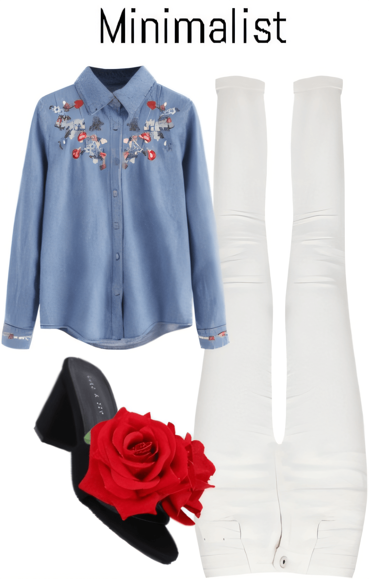 Minimalist outfit featuring embroidered denim shirt, white jeans, and black shoes with red rose detail
