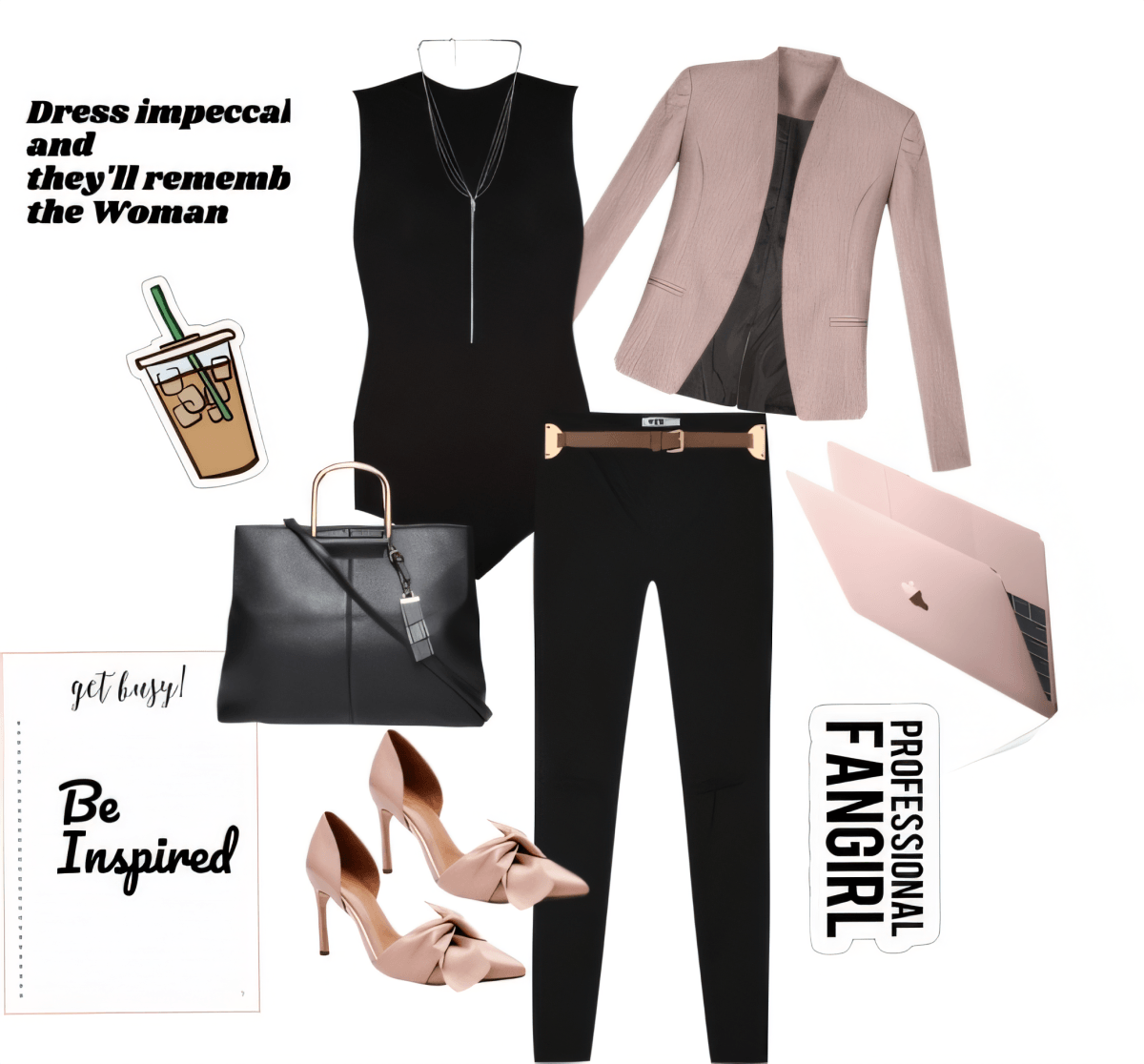 Professional womens outfit featuring black sleeveless top, blush blazer, black pants, pink bow heels, black leather tote, and rose gold laptop
