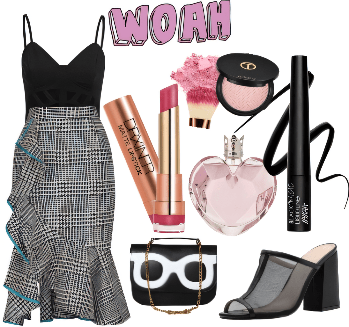 Elegante conjunto con vestido negro con volantes a cuadros, tacones de malla, maquillaje rosa, perfume y bolso de mano con gafas de sol negras.