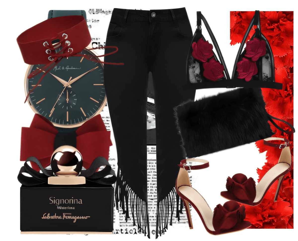 Luxury evening outfit featuring black skinny jeans, red velvet accessories, rose gold watch, black fringed shawl, red stilettos, and Ferragamo perfume