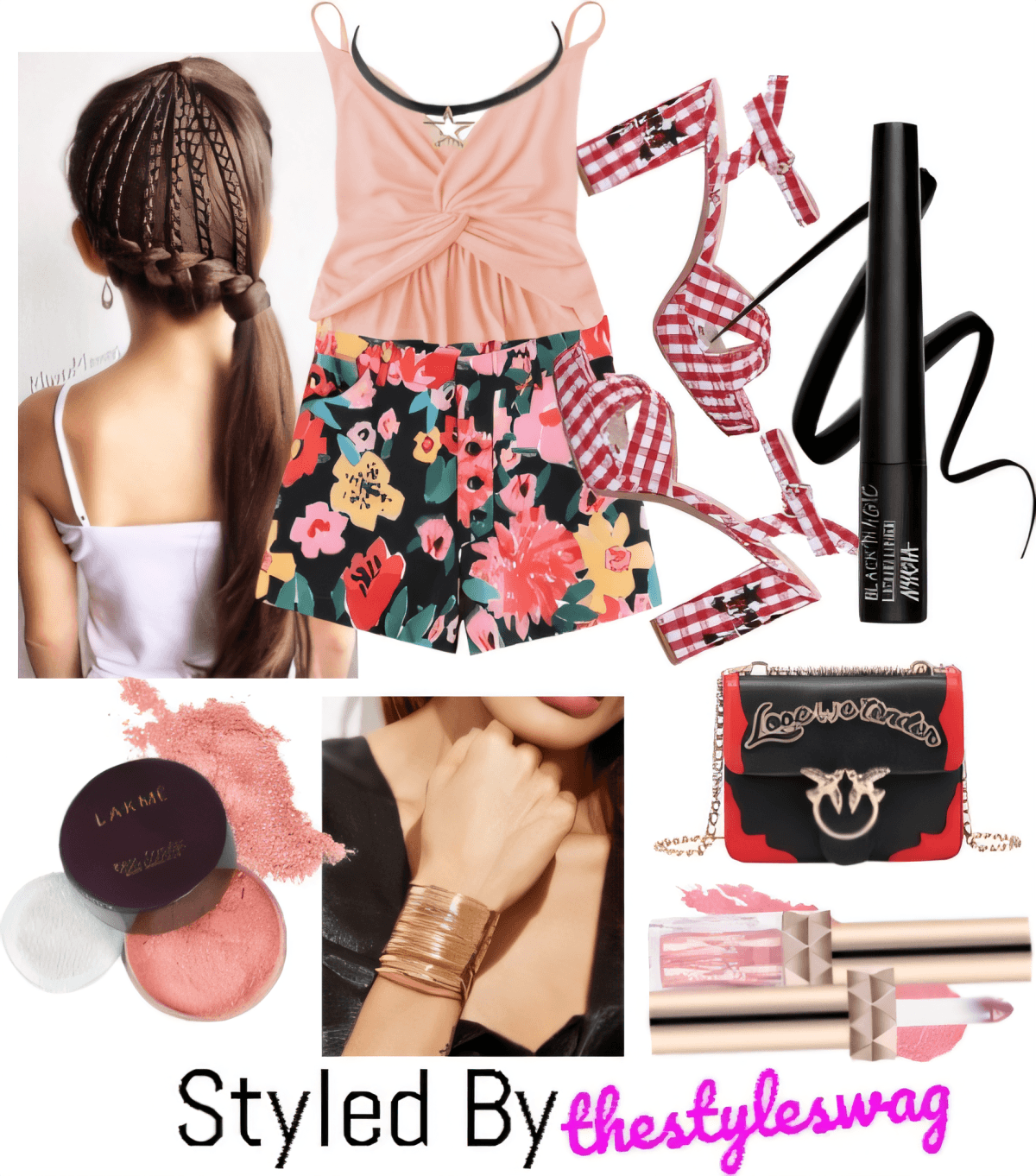 Summer outfit with peach camisole, floral shorts, gingham heels, braided hairstyle, pink makeup and black accessories