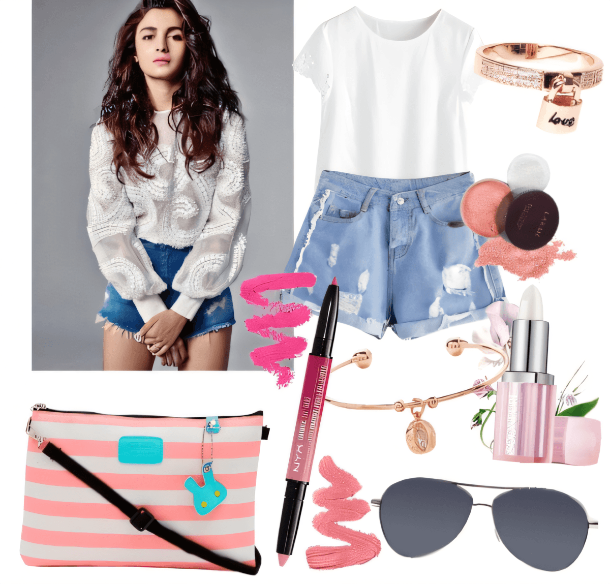 Casual summer outfit with white lace top, distressed denim shorts, pink striped bag, aviators and rose gold accessories