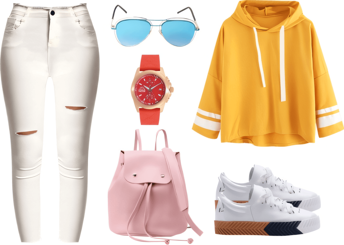 Casual outfit featuring white ripped jeans, yellow hoodie, aviator sunglasses, red watch, pink backpack, and white sneakers