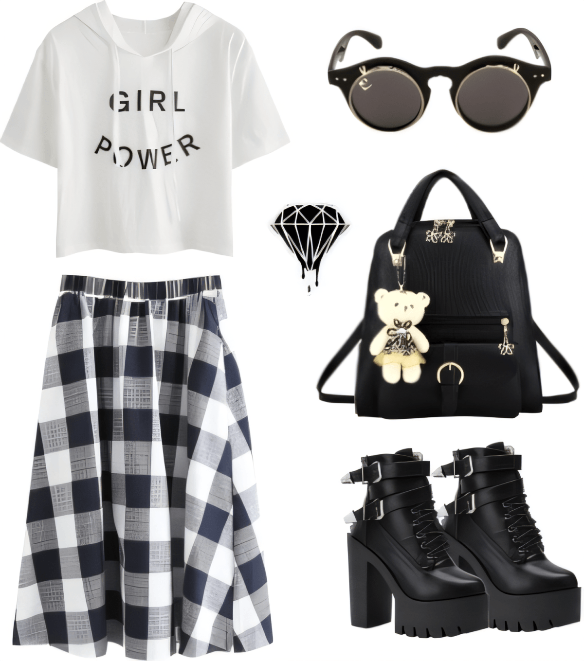 Edgy casual outfit featuring 'Girl Power' crop tee, plaid midi skirt, chunky boots, round sunglasses, and black backpack with teddy charm
