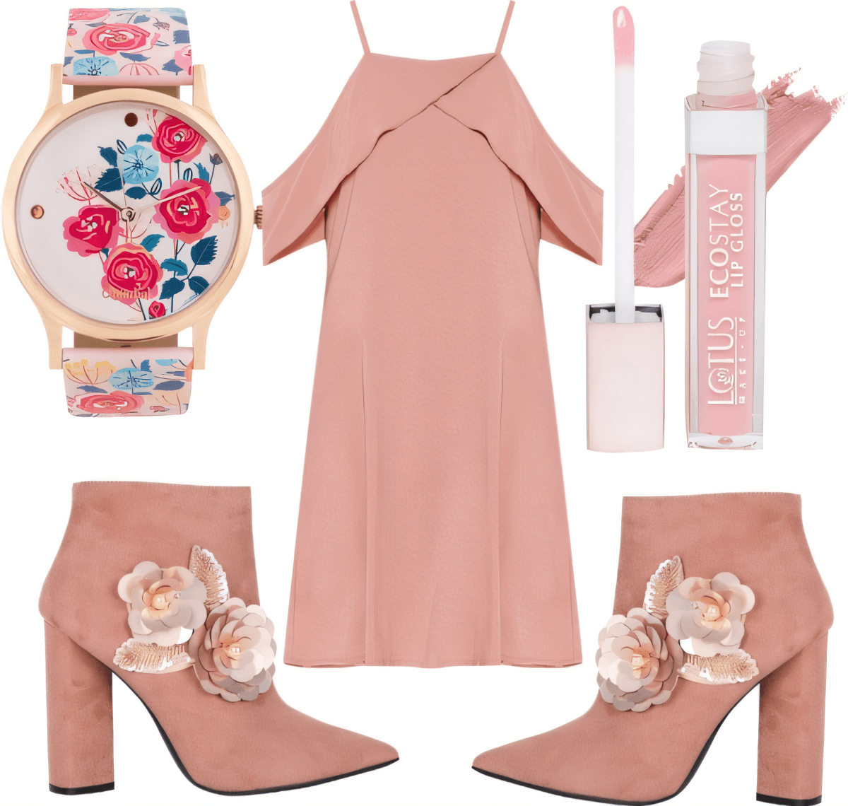 Tenue féminine comprenant une robe nuisette rose blush, des bottines fleuries, une montre à imprimé rose et un brillant à lèvres rose