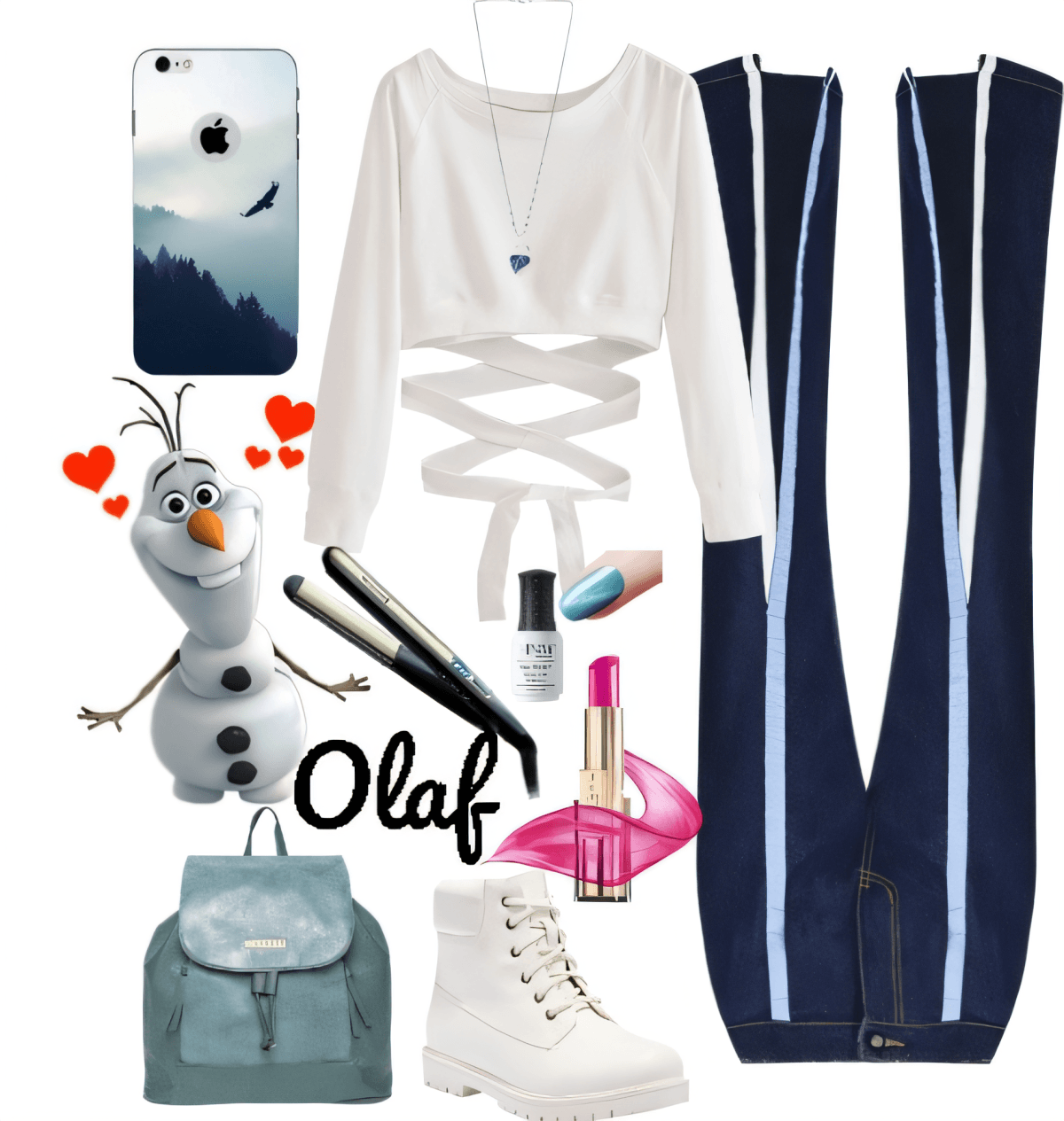 Winteroutfit bestehend aus weißem Kurzpullover, marineblauen Jeans, weißen Stiefeln, blauem Rucksack, Handyhülle und Accessoires mit Olaf-Motiv