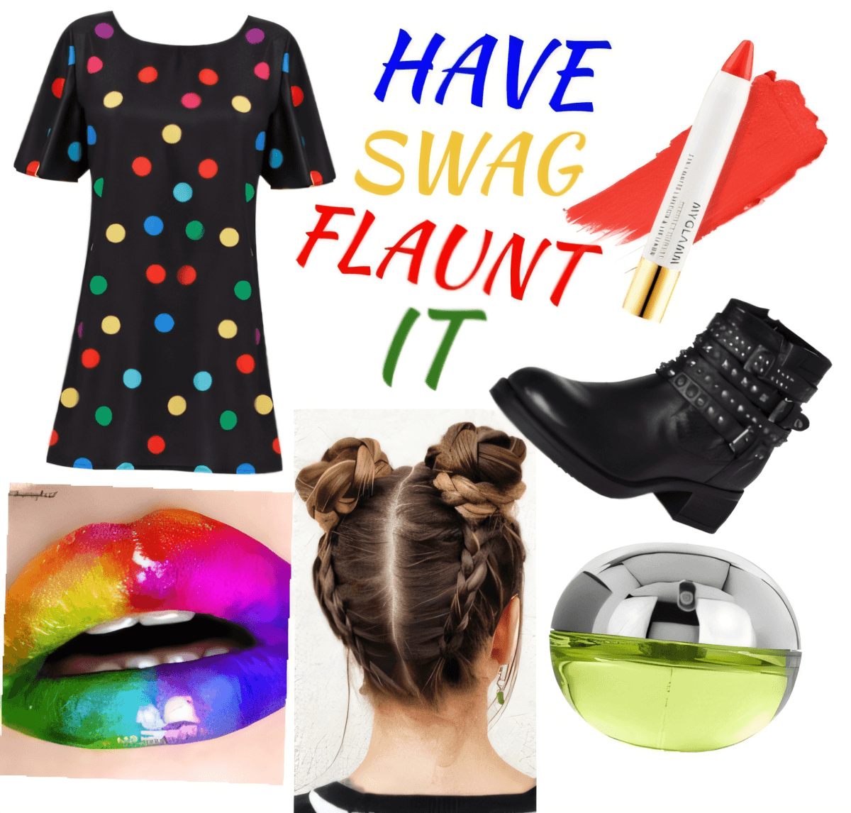 Verspieltes Polka Dot-Kleid-Outfit mit schwarzen Kampfstiefeln, Regenbogen-Make-up, geflochtener Frisur und grünem Parfüm