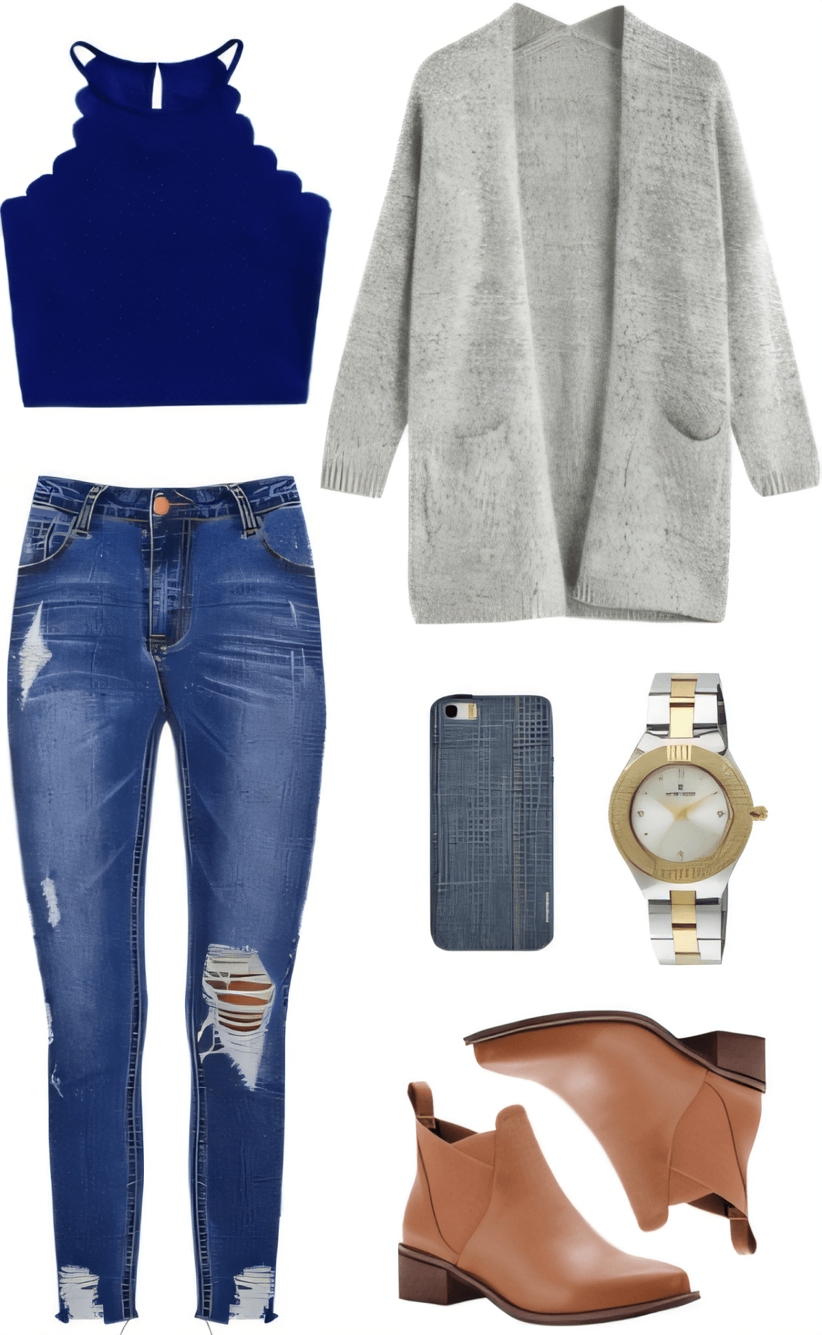Casual chic outfit with navy scalloped crop top, distressed jeans, grey cardigan, brown ankle boots, two-tone watch and phone case