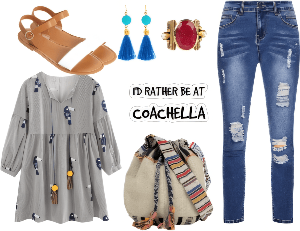 Festival-inspired outfit with distressed jeans, gray floral dress, tan sandals, tassel earrings, statement ring, and striped bucket bag