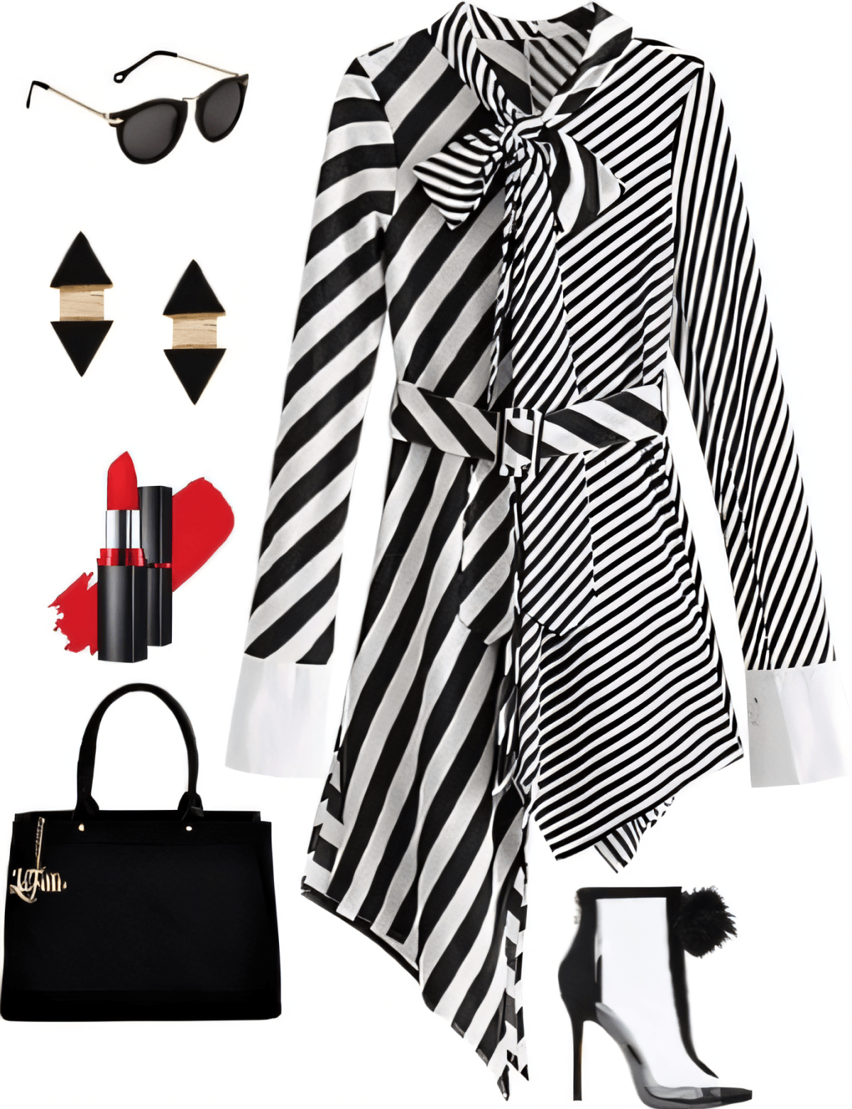 Black and white striped asymmetrical coat dress with ankle boots, structured black handbag, sunglasses, and red lipstick accessories