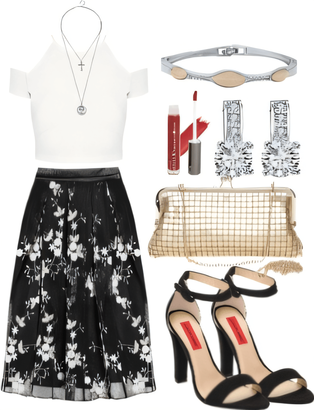 Elegant evening outfit featuring white crop top, black floral skirt, strappy heels, metallic clutch, and crystal accessories