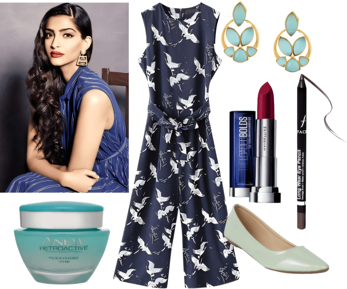 Navy jumpsuit with bird print, mint flats, turquoise earrings, makeup essentials, and skincare