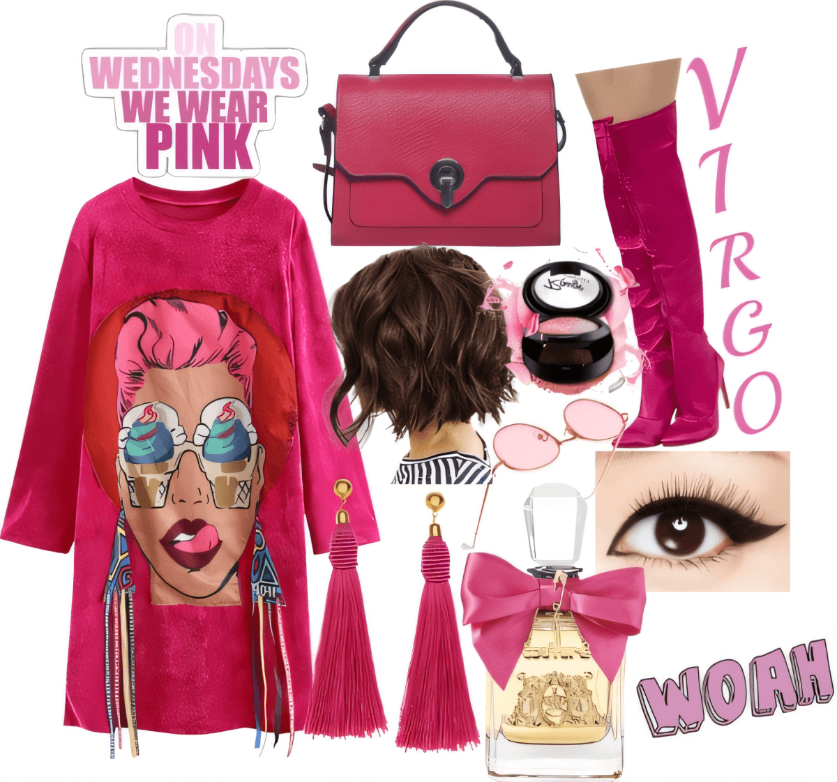 Vibrant pink outfit featuring graphic sweater dress, fuchsia boots, pink handbag, and glamorous accessories including tassels and perfume