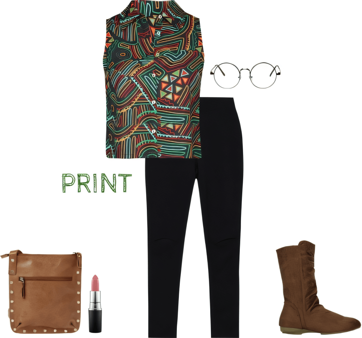 Outfit featuring geometric print sleeveless turtleneck, black pants, brown boots, brown crossbody bag, round glasses, and pink lipstick