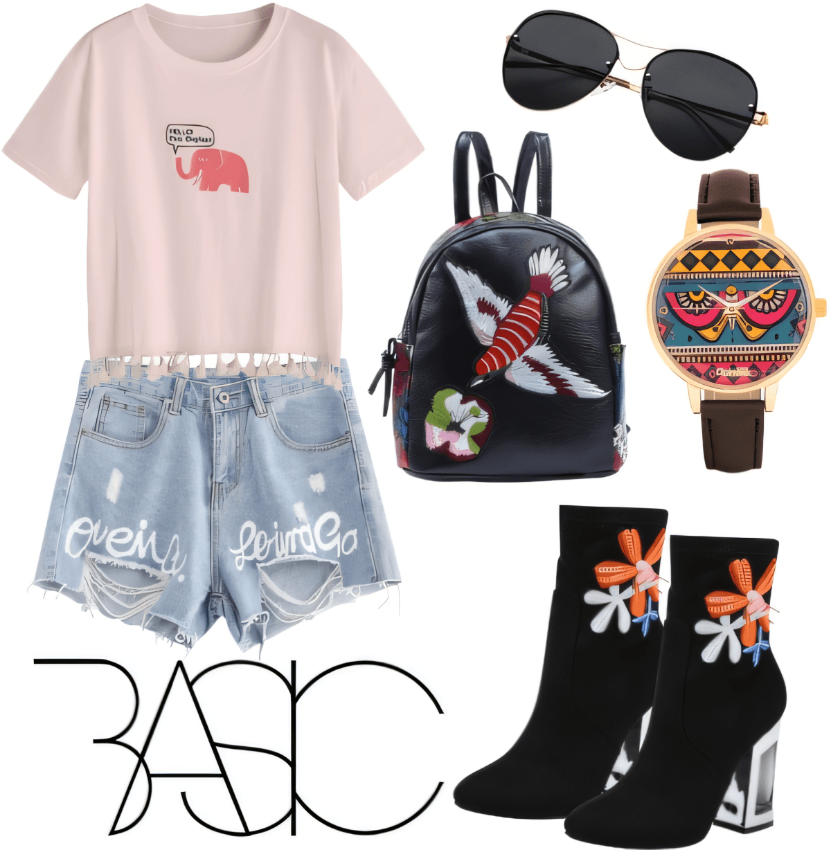 Casual chic outfit featuring pink elephant graphic tee, distressed denim shorts, black floral boots, decorative backpack, aviator sunglasses, and tribal print watch
