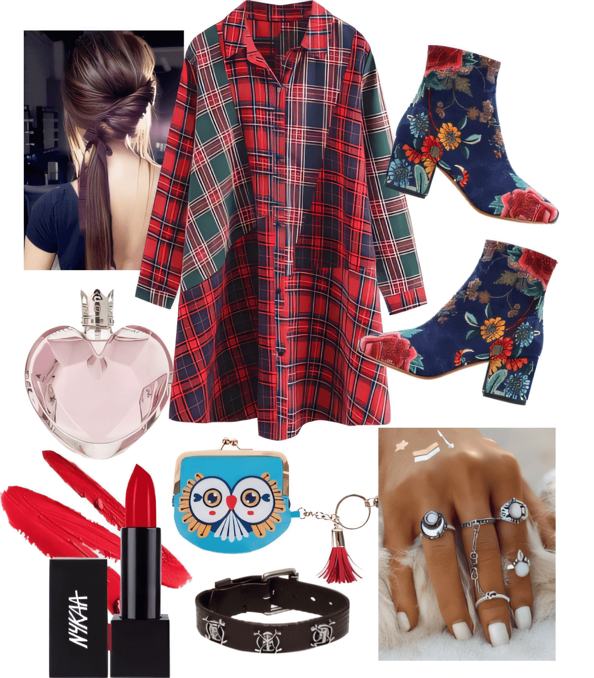 Winter outfit featuring red plaid shirtdress, floral ankle boots, owl coin purse, silver rings, pink perfume, and red lipstick