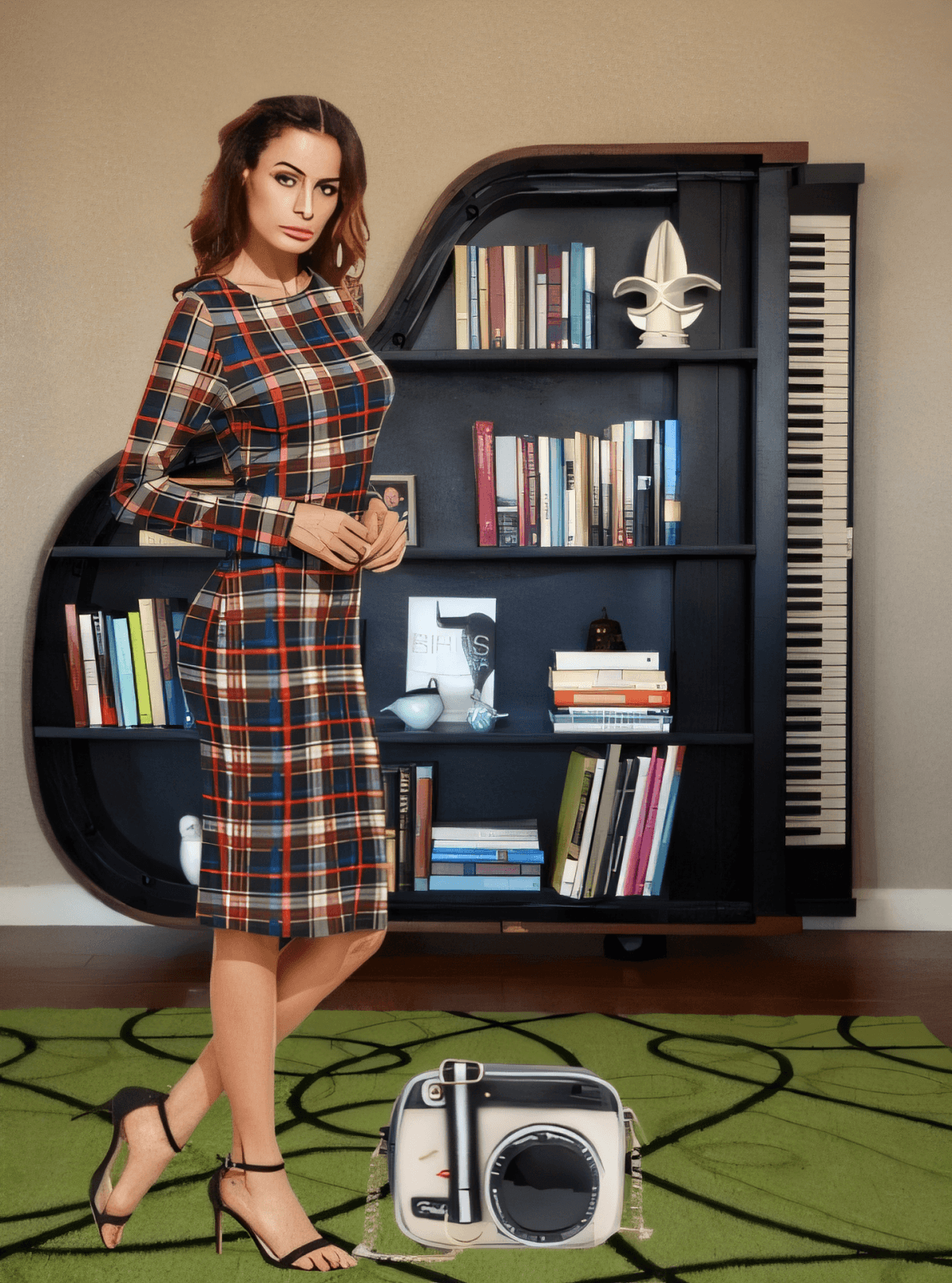 Vestido midi de cuadros en tonos otoñales combinado con una estantería con forma de piano, una radio vintage y unas sandalias minimalistas