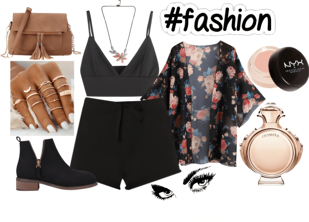 Fashion flat lay featuring black crop top, shorts, floral kimono, brown crossbody bag, ankle boots, rose gold accessories, and NYX makeup