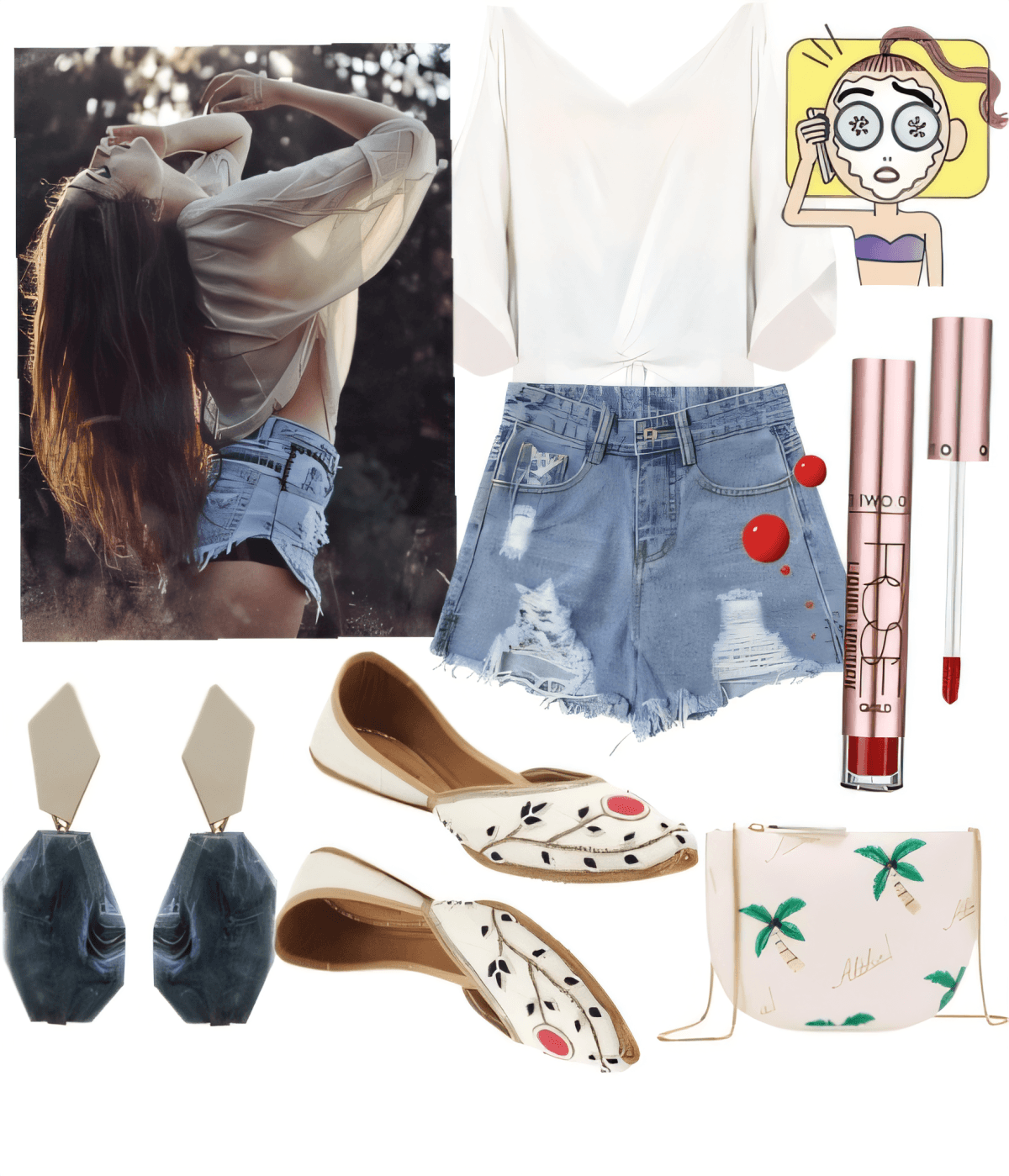 Summer outfit featuring distressed denim shorts, white embroidered flats, blue earrings, palm tree purse, and pink lip gloss