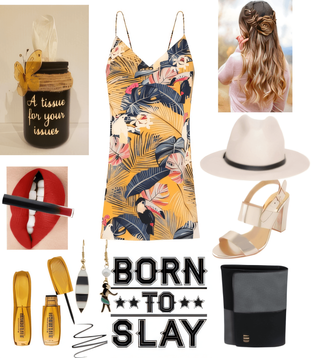 Summer outfit featuring tropical print slip dress, cream fedora, clear block heels, with gold makeup accents and wavy hairstyle