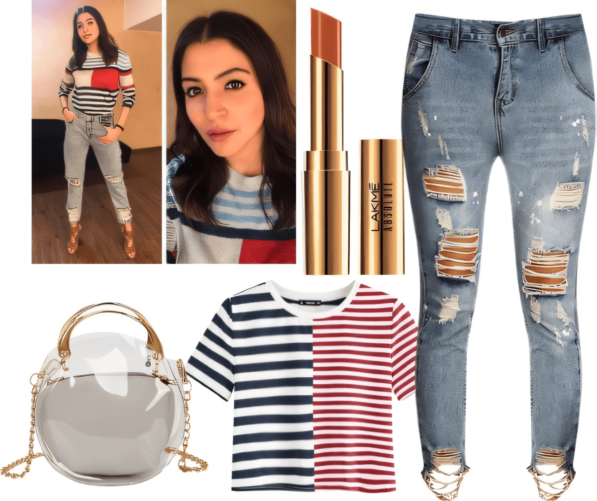 Fashion outfit featuring striped sweater, distressed jeans, clear handbag with gold chain, and nude lipstick