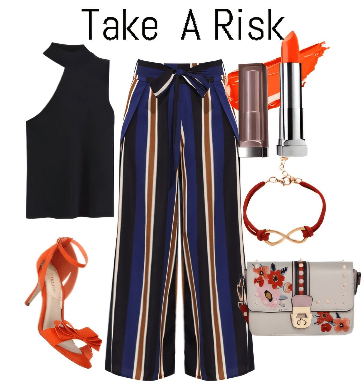 Chic outfit featuring striped wide-leg pants, black sleeveless top, coral heels, floral crossbody bag, and red infinity bracelet