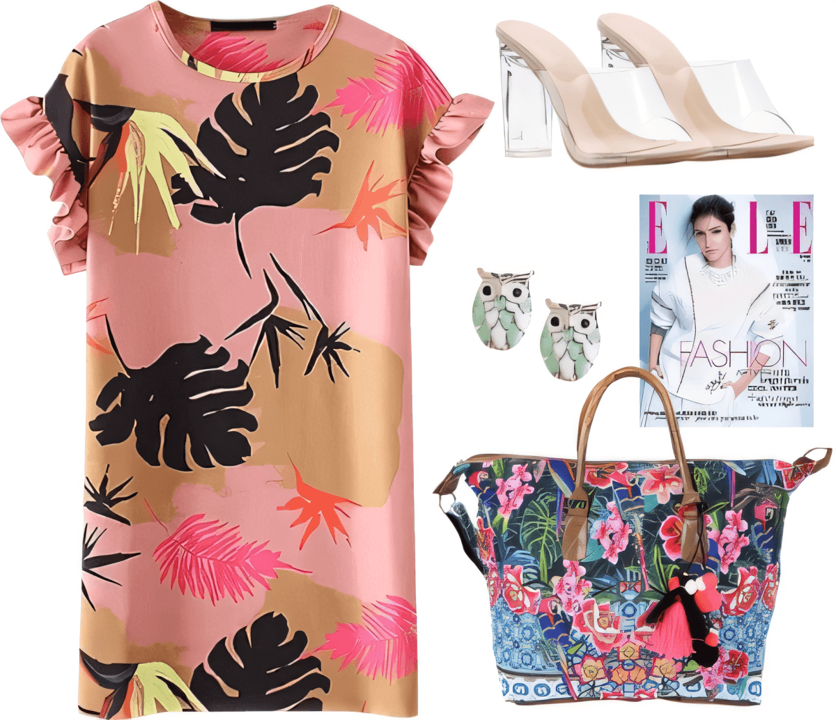 Summer outfit featuring tropical print dress, clear heel mules, floral tote bag, and owl earrings with fashion magazine