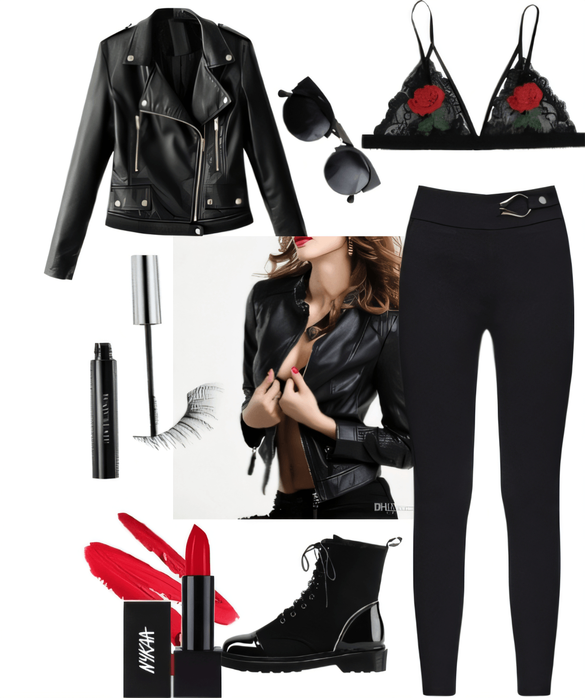 Edgy outfit featuring black leather jacket, floral bralette, black leggings, combat boots, and red lipstick with sunglasses