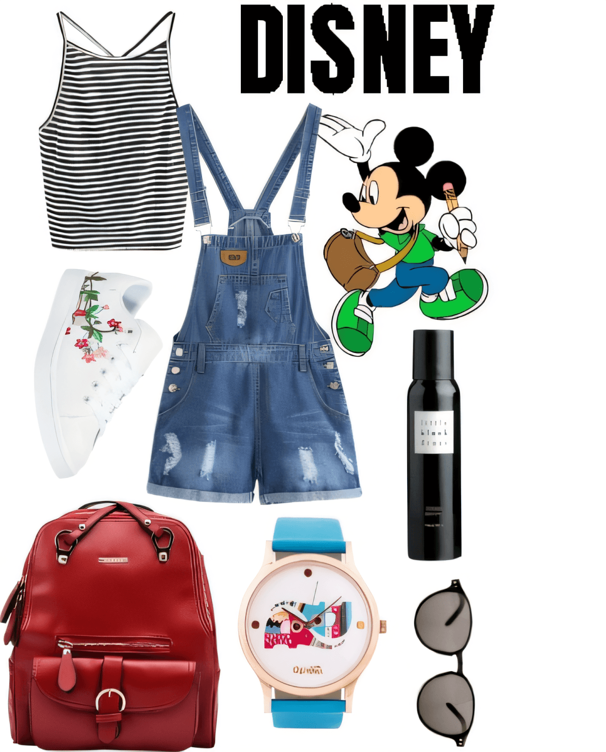 Atuendo casual inspirado en Disney con overol vaquero, camiseta de tirantes a rayas, zapatillas blancas, mochila roja, reloj con motivo de Mickey Mouse y accesorios