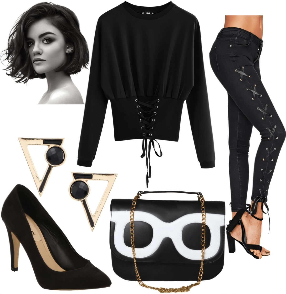 Conjunto gótico chic moderno con suéter corsé negro, jeans con cordones, bolso con gafas llamativo, tacones negros y aretes geométricos