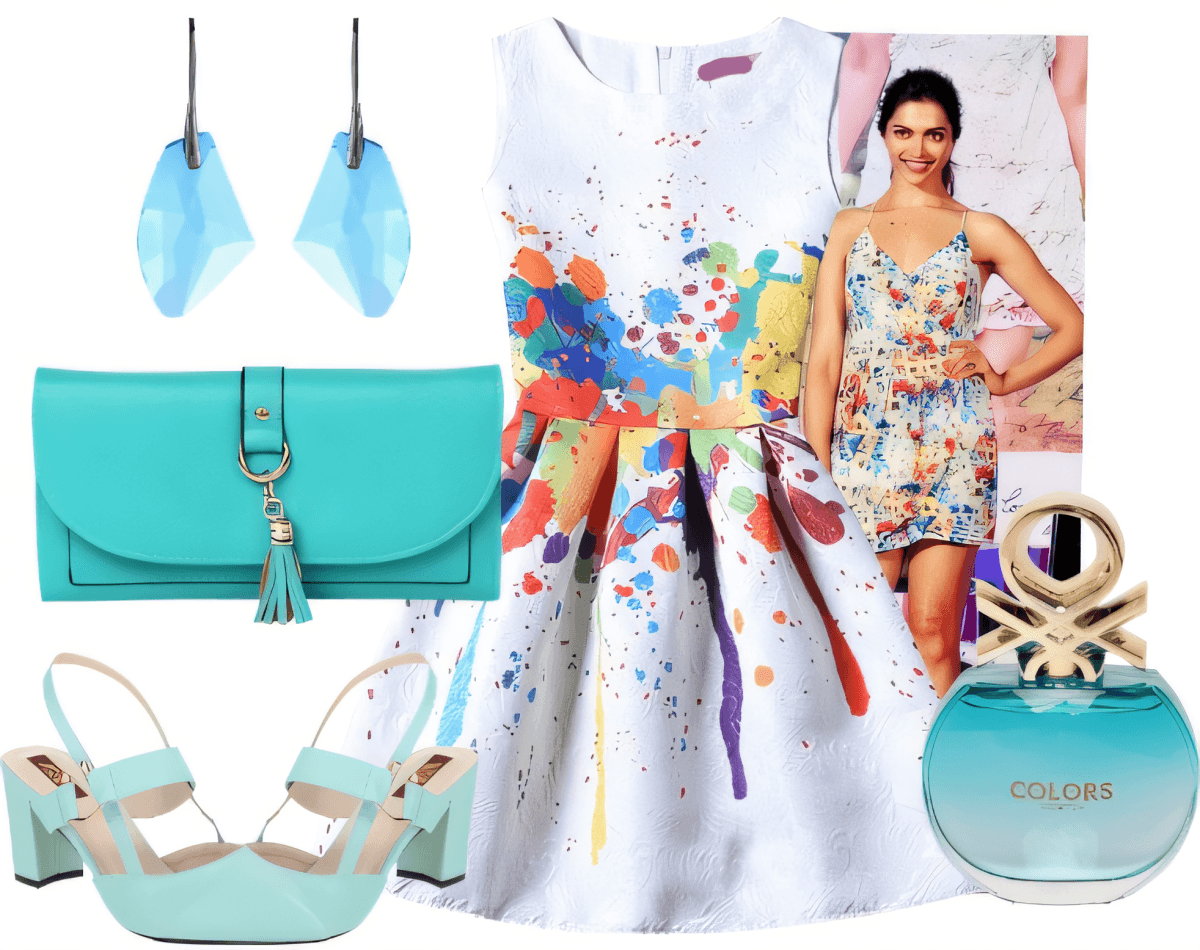 Tenue d'été avec robe à éclaboussures de peinture, accessoires turquoise dont sandales, pochette, boucles d'oreilles et parfum