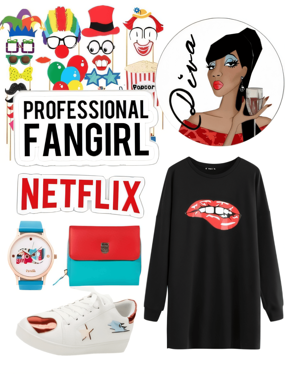 Stylish Netflix fangirl outfit featuring black lip print sweatshirt, white sneakers, turquoise wallet, novelty watch, and fun pop culture accessories