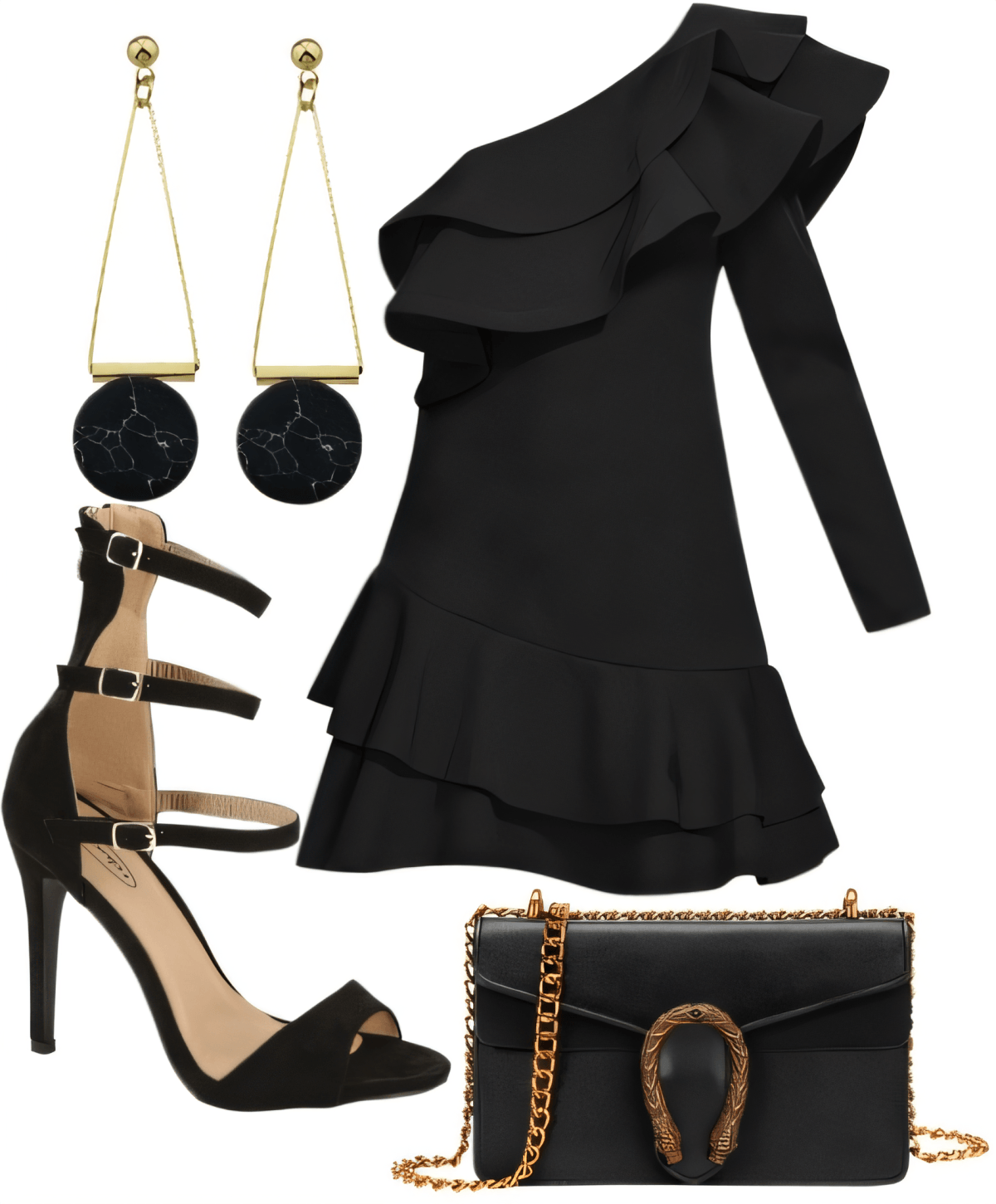 Black one-shoulder ruffled dress paired with strappy heels, marble drop earrings, and designer chain bag