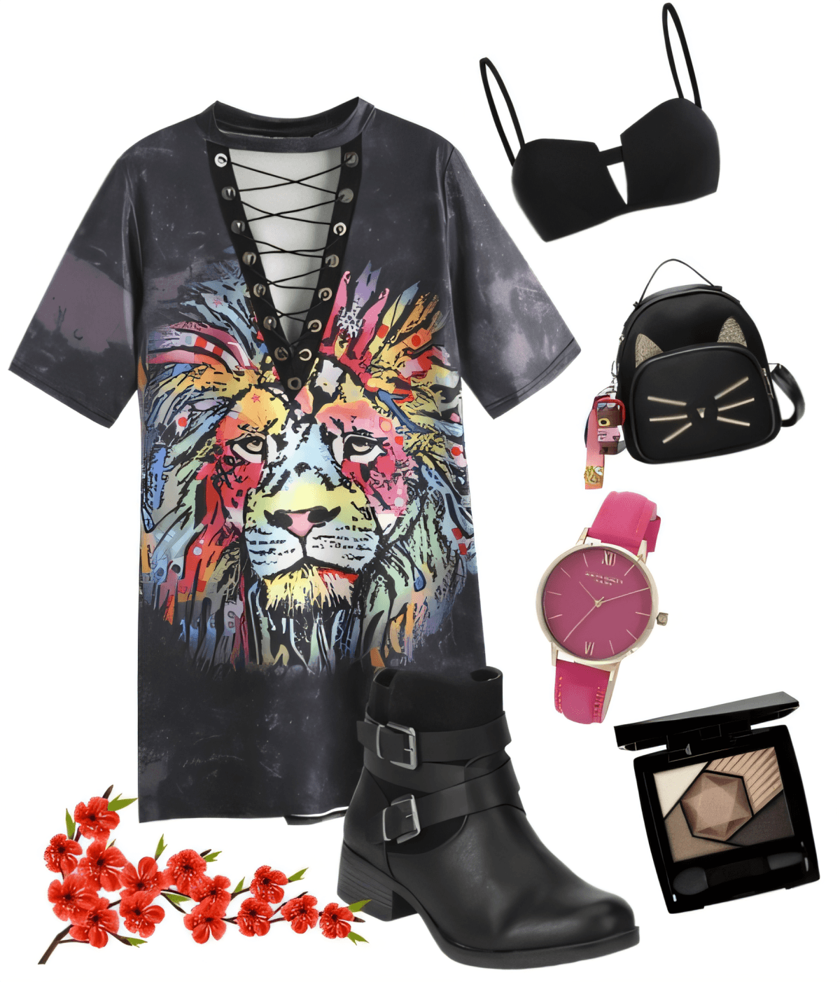 Ausgefallenes Outfit bestehend aus buntem T-Shirt-Kleid mit Löwen-Print, schwarzen Stiefeletten, Rucksack mit Katzenohren, rosa Uhr, schwarzem BH und Make-up-Palette