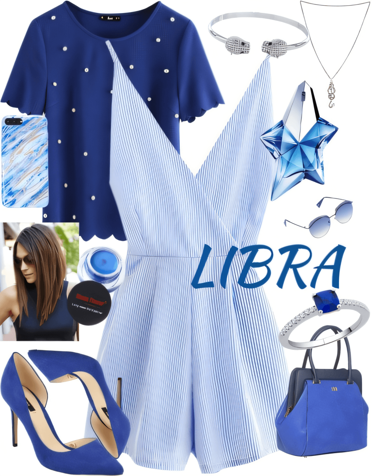 Sophisticated blue and white ensemble featuring striped romper, pearl-studded cardigan, blue accessories, and celestial-inspired jewelry