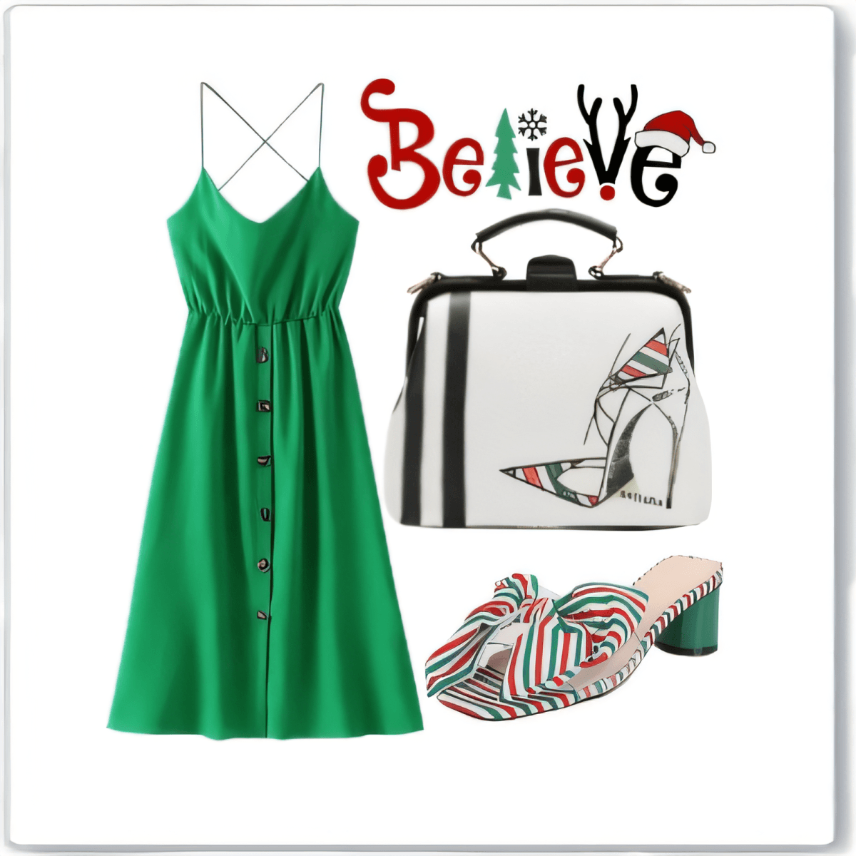 Holiday outfit featuring emerald green button-down midi dress, striped holiday mules, and stylish black and white handbag