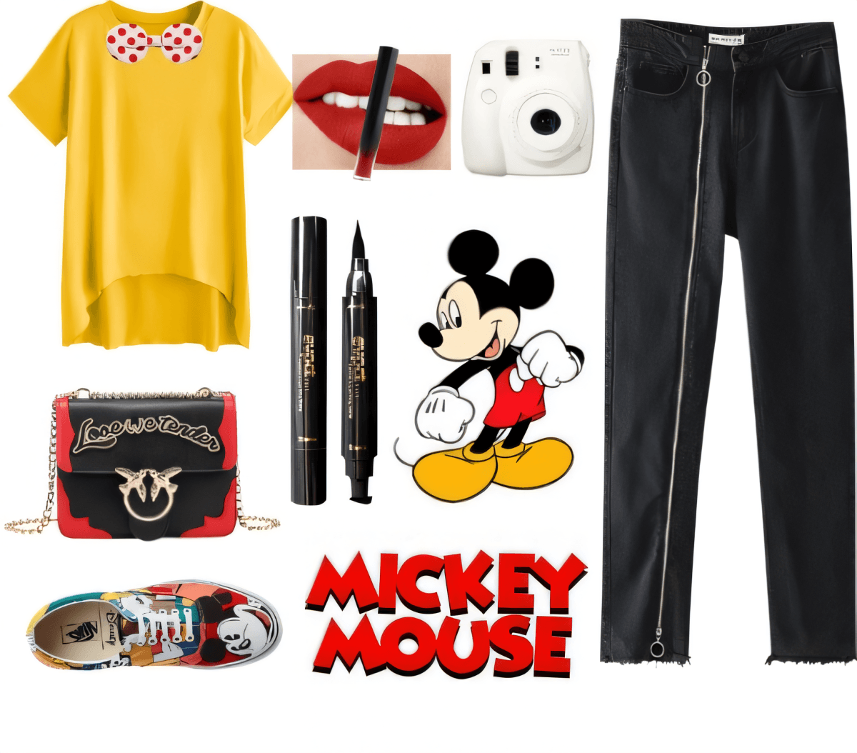 Atuendo casual inspirado en Disney con top amarillo, jeans negros, accesorios de Mickey Mouse y llamativos detalles en rojo.
