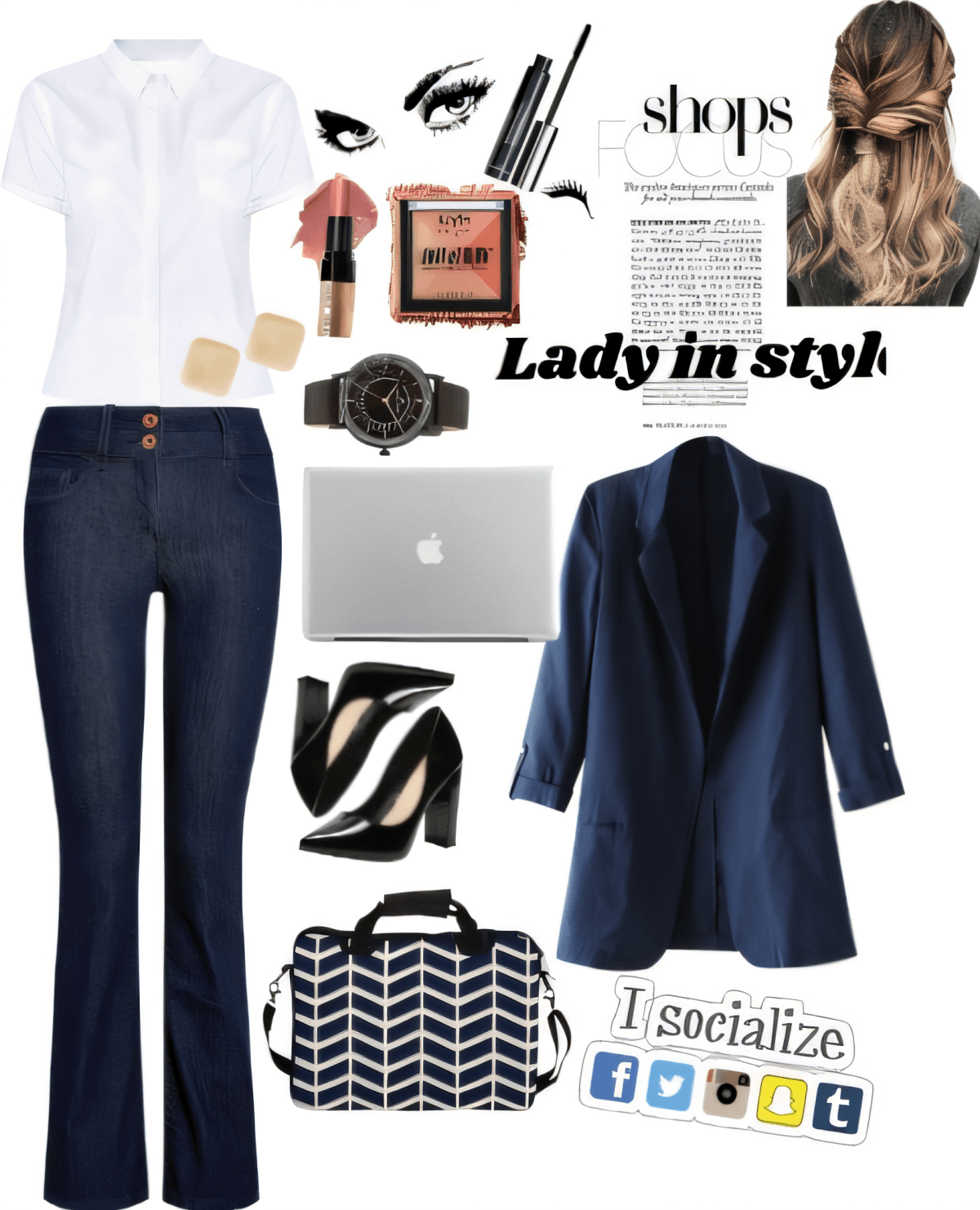 Professional outfit featuring navy blazer, white button-down, dark jeans, black heels, with makeup and accessories for a polished business casual look